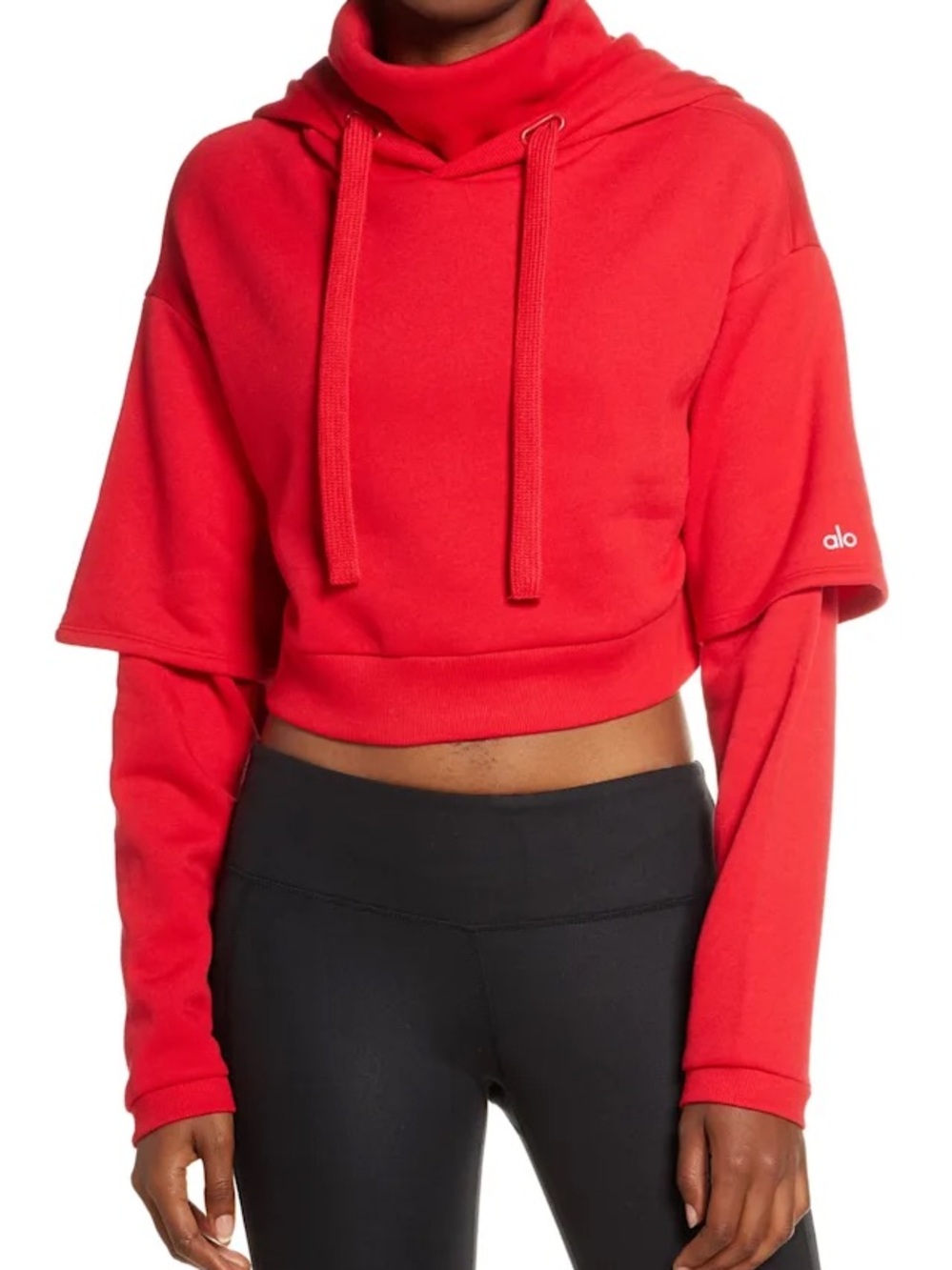 ALO Yoga Women's Bright Red Cropped Layered Hoodie with Drawstrings M